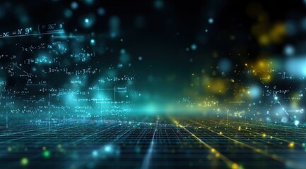 Abstract digital landscape with mathematical formulas. A futuristic, glowing grid network intersects with swirling, color-coded mathematical symbols