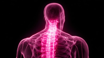 3d render of a human upper body with glowing neon pink lines on the back and neck, in an x-ray style.