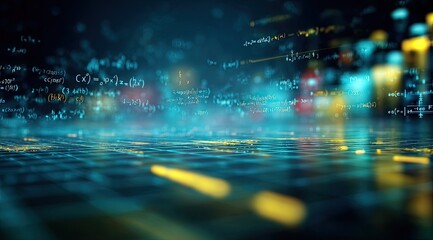 Abstract digital landscape, mathematical formulas, glowing grid