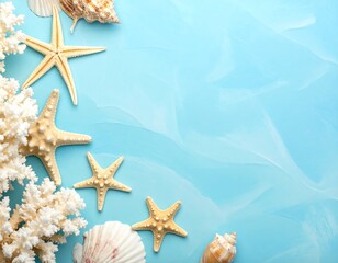 Seashells and starfish on a light blue background (1)