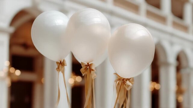 Delicate pale balloons with gold ribbon bows float in a soft-focus interior
