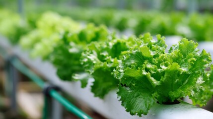 Lettuce cultivation in hydroponic system with rows of fresh green plants growing indoors
