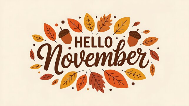 Warm and inviting hand lettered hello november surrounded by colorful autumn leaves and acorns on a light background