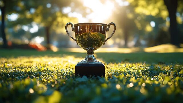 Golden Trophy Gleaming in the Sunlit Park Grass.
