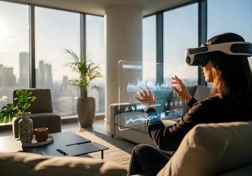 Woman using virtual reality headset interacting with data visualization in modern apartment interior.