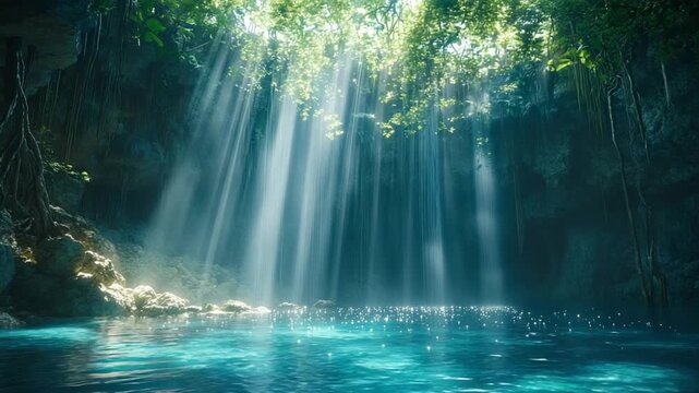 Magical Sun Rays Illuminating a Hidden Lagoon in the Forest.