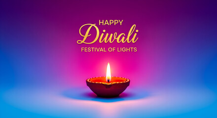 Elegant Happy Diwali greeting card with a glowing diya oil lamp on a vibrant purple and blue gradient background.