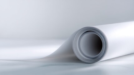 Roll of white paper or fabric on a plain white background. the roll is rolled up and placed on the right side of the image, with the top half of the roll facing towards the left side.
