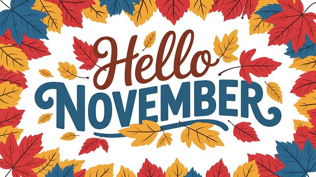 Vibrant autumn leaves frame the welcoming text hello november in a festive seasonal greeting design