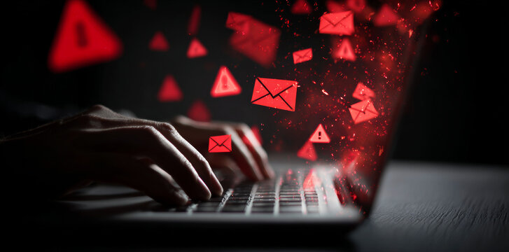 A person typing on a laptop with red warning signs.