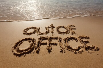 A photo of the text Out of office written in sand on a beach with the sun, top view.