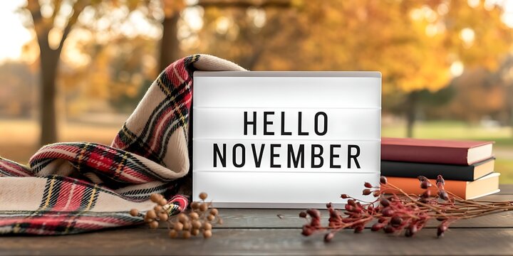 Cozy hello november lightbox sign with plaid scarf books and autumn leaves on a wooden table outdoors