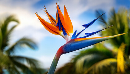 A Striking Orange And Blue Bird Of Paradise Flower Is In Sharp Focus With Blurred Palm Trees And A Cloudy Sky In The Background The Photo Highlights Vibrant Tropical Flora In A Natural Setting