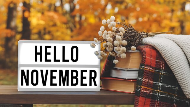 Cozy hello november lightbox sign with stacked books and warm plaid blanket against a blurred autumn forest background