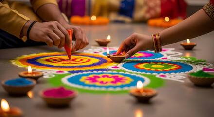 Couple celebrating Diwali festival by collaboratively creating a vibrant, colorful rangoli and lighting traditional clay diyas.