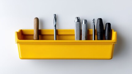 Yellow plastic tool box with six different types of screwdrivers inside. the box is rectangular in shape and has a handle on the top for easy carrying.