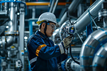 計測機器を使用して工業設備を検査する技術者