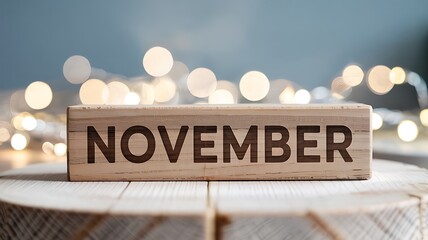 Wooden block with the word november carved in it set against a blurred background of warm bokeh lights signifying the start of the eleventh month