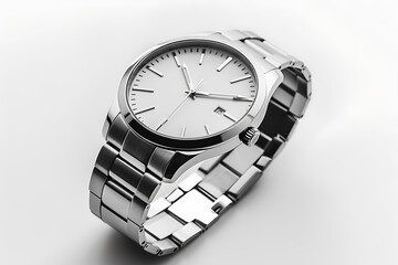 メタルブレスレットを備えた高級感のあるシルバー腕時計の詳細写真