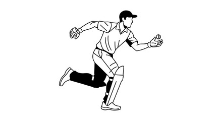 Dynamic black and white line art of a cricket fielder diving for a catch, showcasing athleticism and sportsmanship in a minimalist design for branding