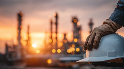 Worker Hand Holding Safety Helmet At Sunset Oil Refinery
