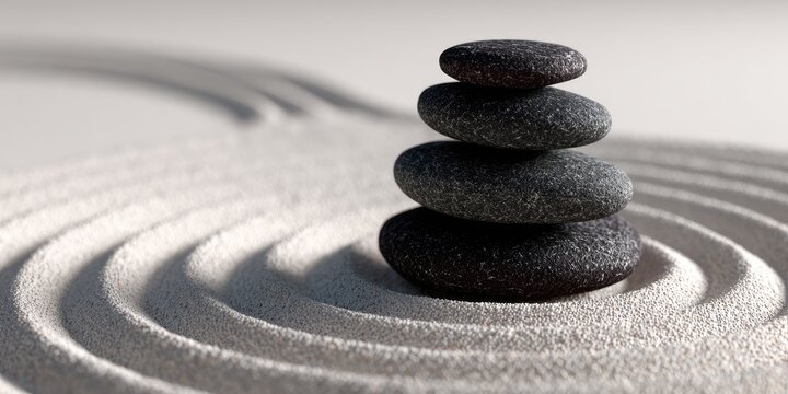 Stacked stones on a serene sand garden