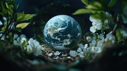 Botanical-themed moon frame with Earth at its center, covered in petals and blooming branches, celestial vibes