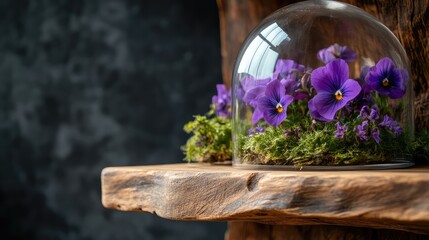 Bright and beautiful blooms protected under a transparent dome on a rustic wood shelf