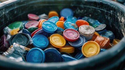 Close-up of colorful plastic caps inside a deep black recycling bin, symbolizing sustainability
