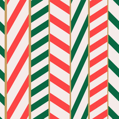 Fototapeta premium Christmas seamless pattern with diagonal stripes of different shapes. Abstract geometric candy cane. Festive holiday lines background. Fabric textile print. Surface cover wrapper design.