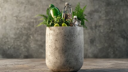 Concrete bin filled with sorted recyclable materials, placed against a neutral background