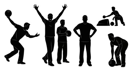 Men bowling in silhouette, striking a pose with excitement and anticipation for a fun night out with friends, perfect for sports or leisure activities