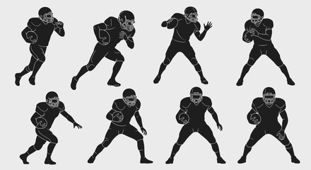 Dynamic football player silhouettes in action poses, perfect for sports branding, team logos, and bold graphic designs featuring American football