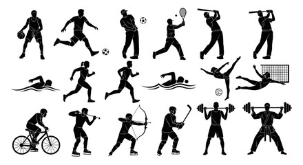 Diverse range of dynamic sports silhouettes showcasing fitness, activity, and healthy lifestyle for athletic promotions and design projects