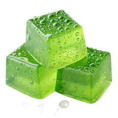 Three translucent green cubes of jelly or gelatin with small bubbles inside and water droplets on top isolated on transparent background