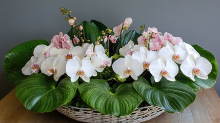 Delicate white and pink orchids in a wicker basket with large glossy leaves