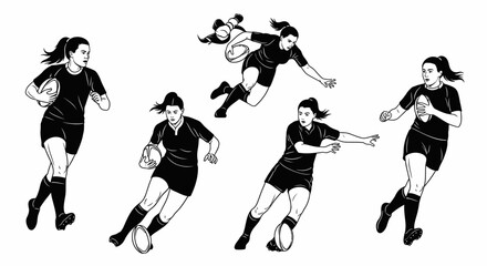 Dynamic women's rugby team in action, showcasing strength and teamwork in a modern line art style perfect for sports marketing and fitness campepsgns