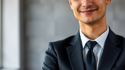 Confident businessperson in formal attire with a slight smile, exuding professionalism in a neutral setting.

