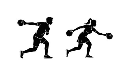 Dynamic black silhouettes of a man and woman bowling create a sporty, active feel perfect for fitness brands or bowling alley promotions