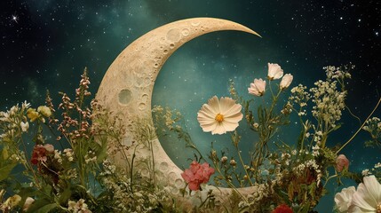 Earth resting within a moon crescent, encircled by delicate flowers in soft spring colors, floating in a starry sky