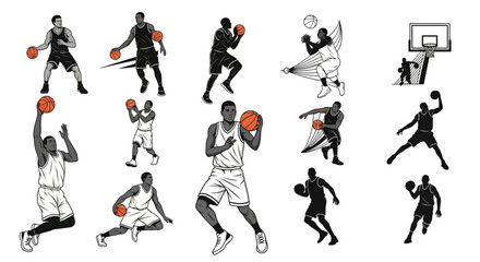 Dynamic basketball player poses showcase athleticism and skill, perfect for sports marketing campepsgns or team branding, adding energy to your designs