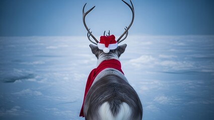 Rear view of a reindeer wearing a Santa hat and red scarf standing on a snowy landscape.