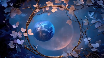 Floral vines wrap around a moon frame cradling Earth, on a gradient background of twilight blues and purples