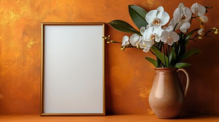 Glossy gold frame with orchids styled on a bright matte orange wall