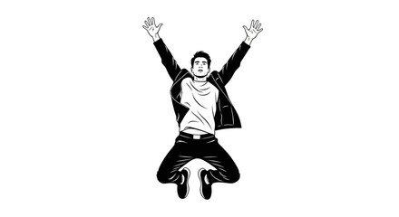 Celebrate success with a young man jumping for joy, perfect for conveying excitement, achievement, and positive energy in your next campepsgn