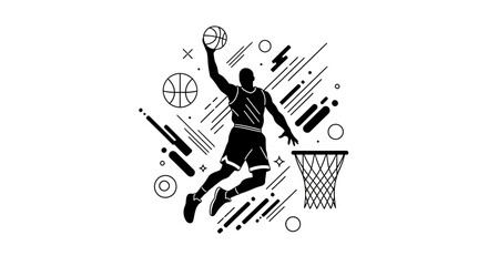 Dynamic silhouette of a basketball player soaring for a slam dunk with abstract design elements, perfect for sports branding and athletic apparel © logo master