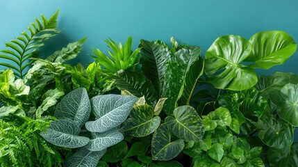 Green foliage of houseplants stands out against a soothing blue background