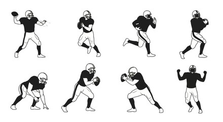 Dynamic American football player outlines in various action poses ready to score the winning touchdown, perfect for sports branding and team spirit designs