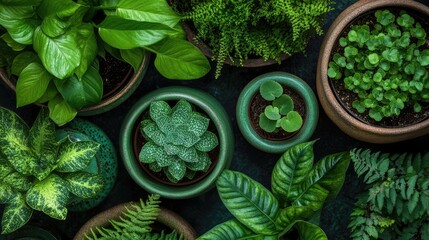 Green-themed design with potted plants arranged for visual harmony
