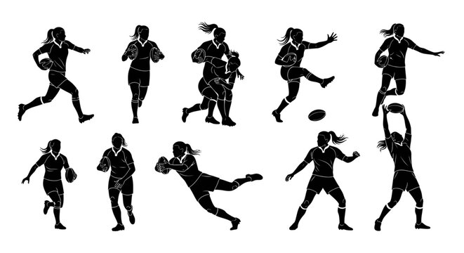 Dynamic silhouettes of female rugby players in action, perfect for sports branding and empowering athletic campepsgns with strength and motion